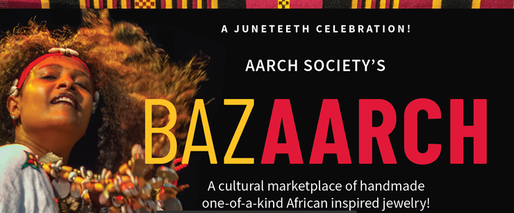 Black female in African garb and necklace dances and waves hair on Bazaarch flyer announcing African jewelry fundraiser