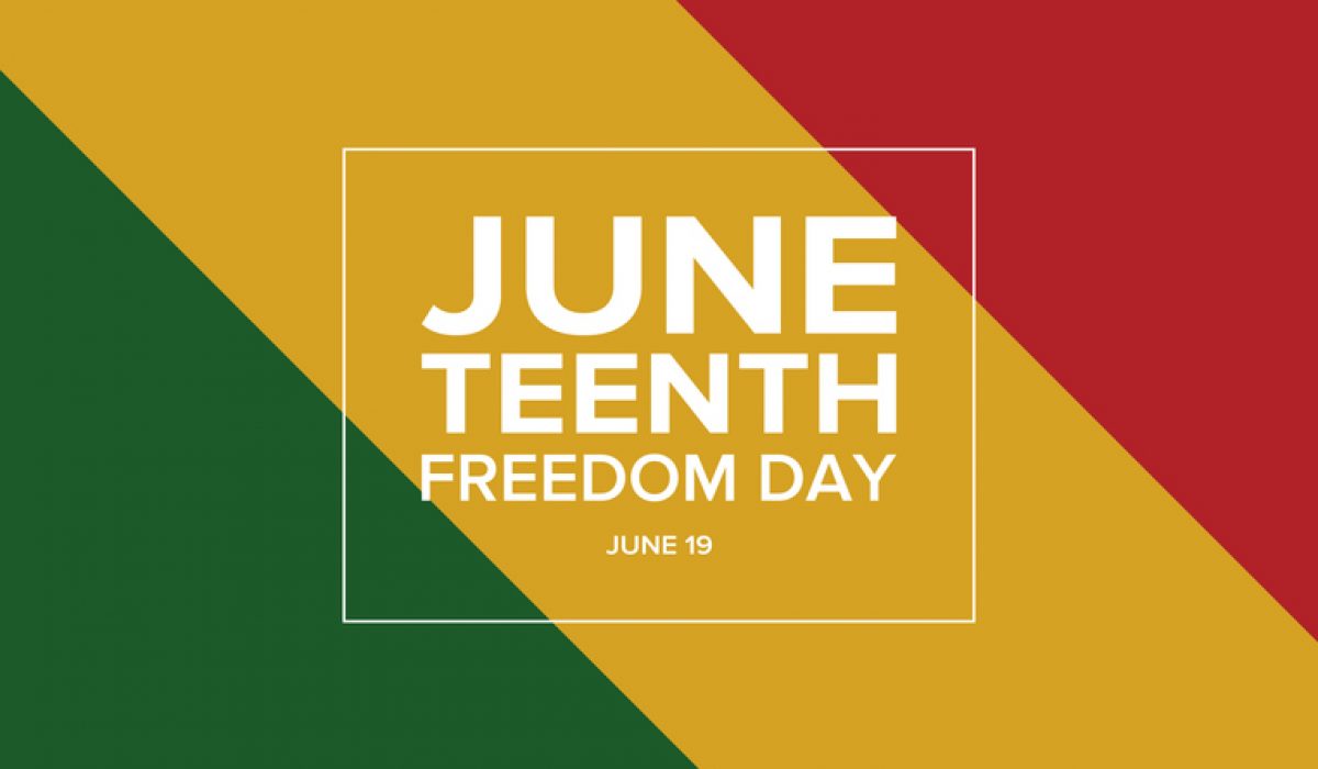 diagonal bands of green, gold and red with Juneteenth Freedom Day June 19 written in the middle