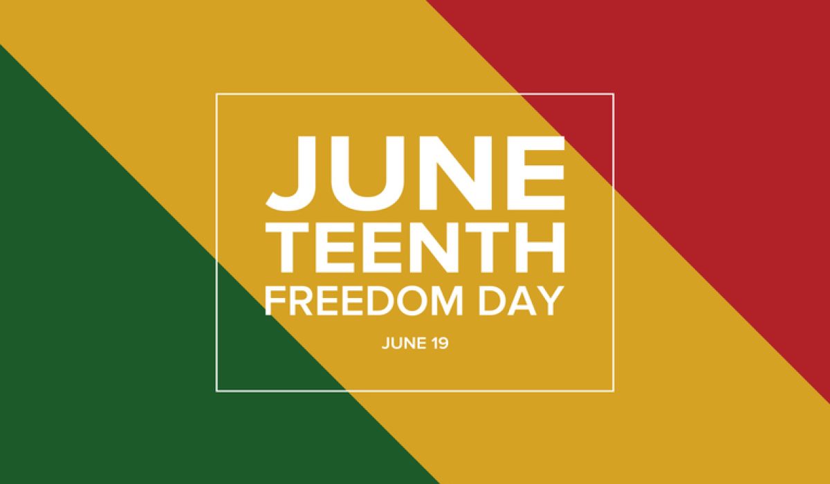 diagonal bands of green, gold and red with Juneteenth Freedom Day June 19 written in the middle